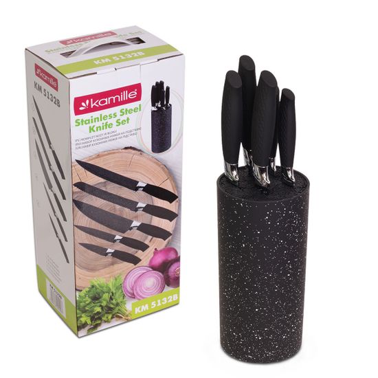 Набор ножей 6 предметов Kamille KM 5132B из нержавеющей стали с подставкой черный мрамор