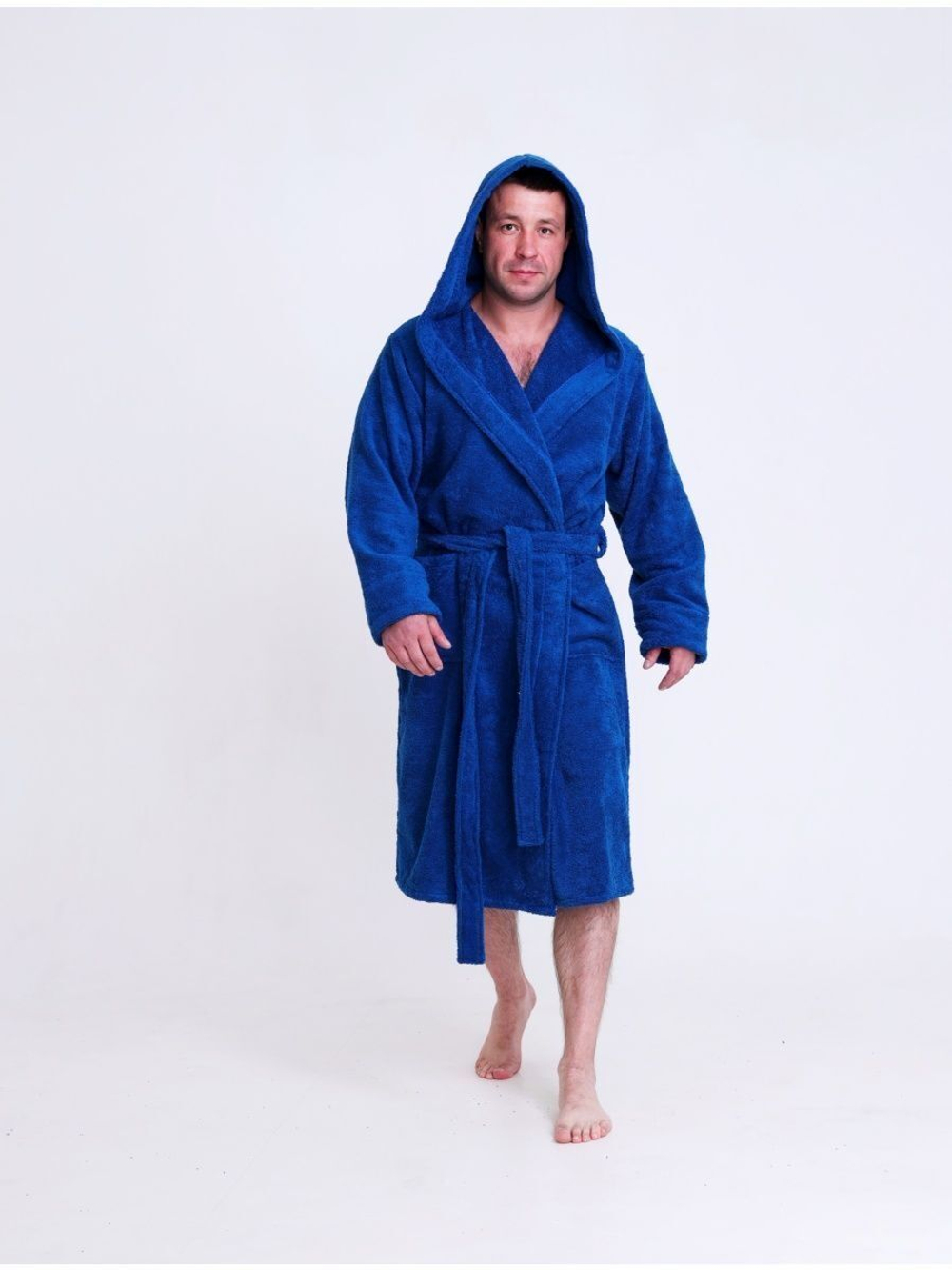 Халат махровый мужской с капюшоном 64-66 синий