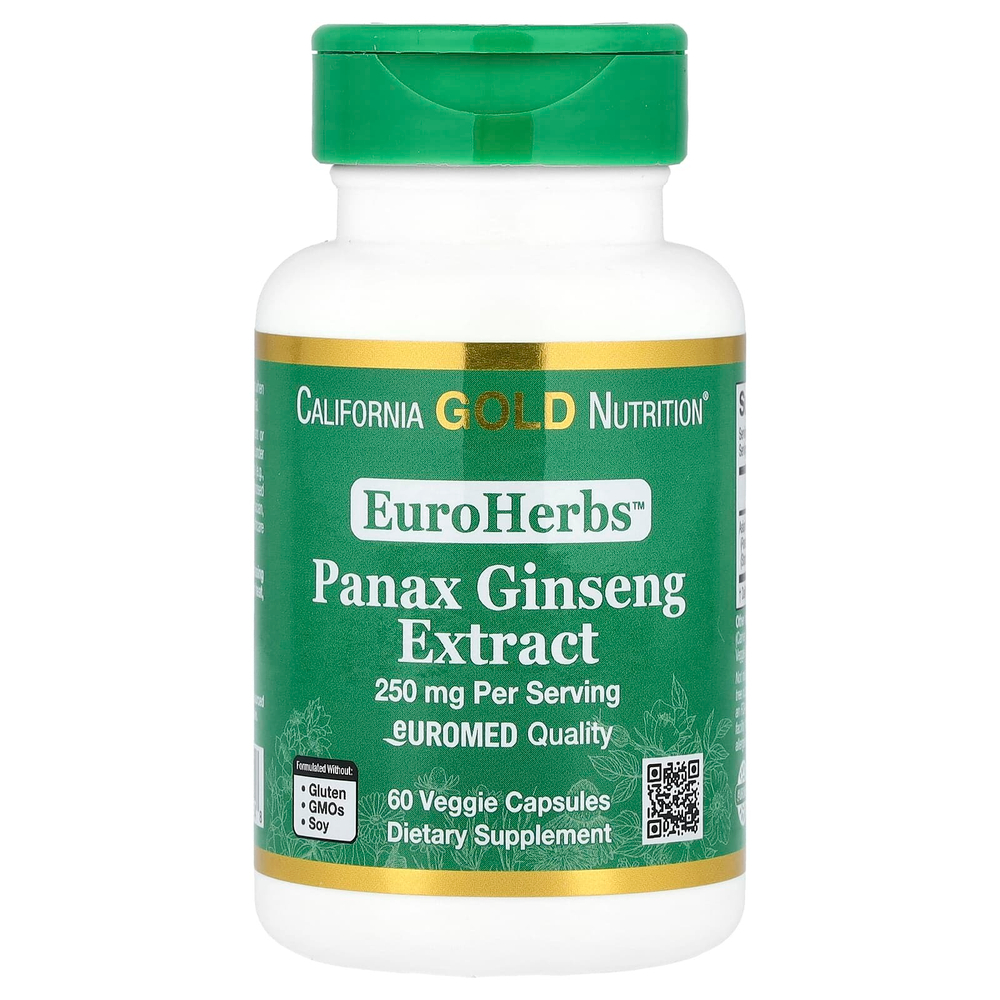 California Gold Nutrition, EuroHerbs ™, экстракт женьшеня обыкновенного, качество Euromed, 250 мг, 60 растительных капсул