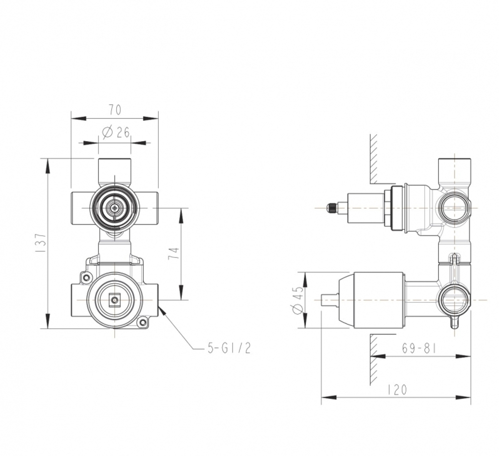 Скрытая часть встраиваемого смесителя (3-функц) Bravat