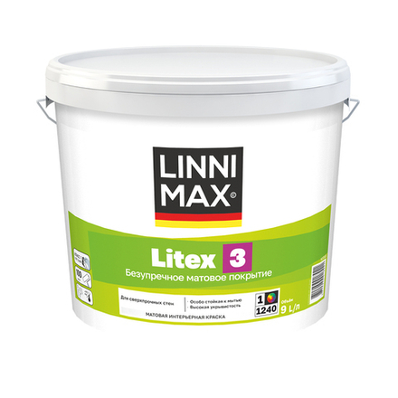 Краска интерьерная Linnimax Litex 3, матовая, база 1, белая, 9 л