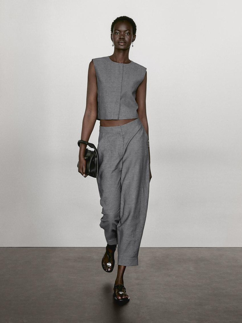 Massimo Dutti Короткий жилет из смесового льна, антрацитово-серый