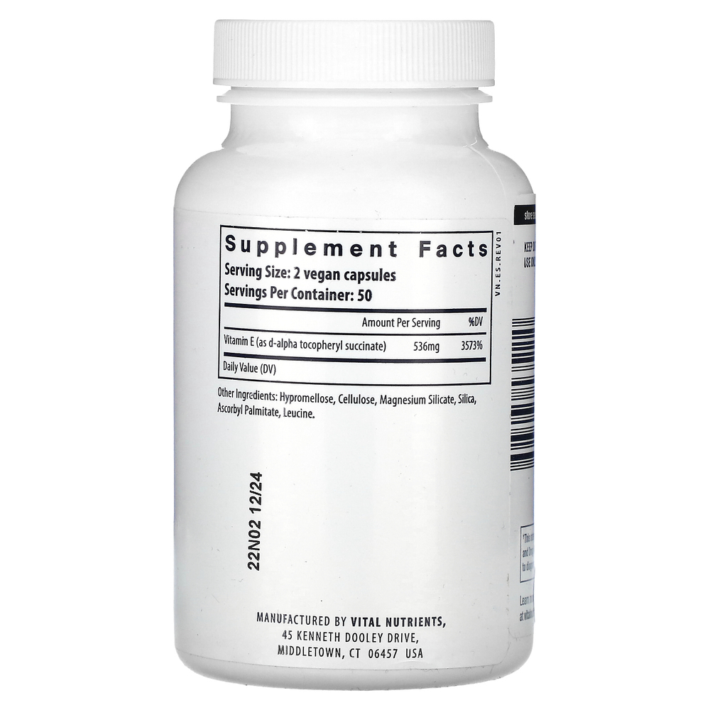 Vital Nutrients, сукцинат витамина E, 100 веганских капсул
