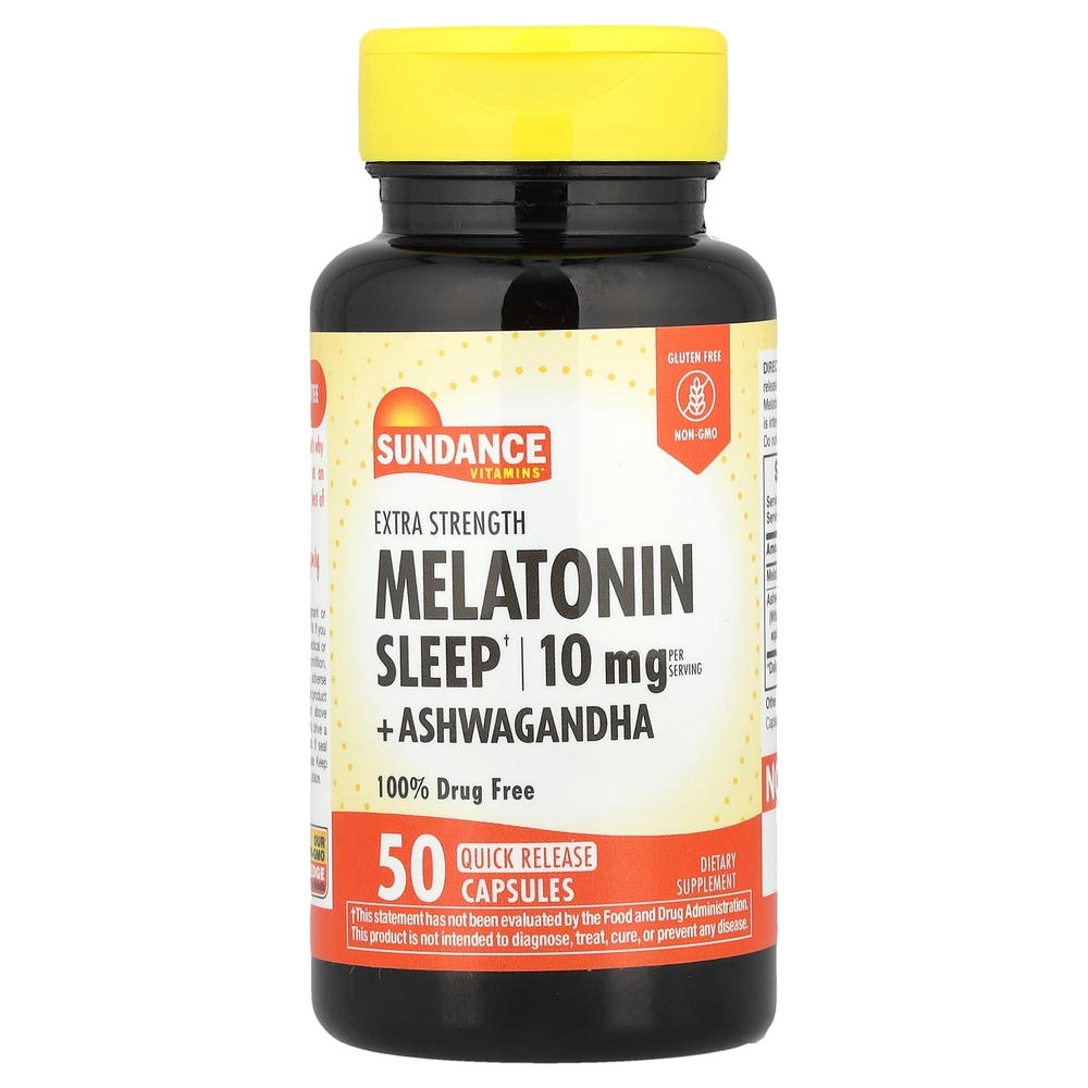 Sundance Vitamins, мелатонин для сна с ашвагандой, 50 капсул с быстрым высвобождением