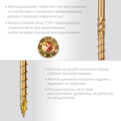 ЗУБР КС-П, 70 х 6.0 мм, TX30, потайная головка, желтый цинк, 100 шт, конструкционный саморез, Профессионал (30041-60-070)