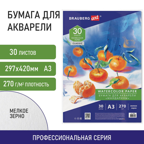 Бумага для акварели А3, 30 л., мелкое зерно, 270 г/м2, BRAUBERG ART CLASSIC, "Мандарины", 114402
