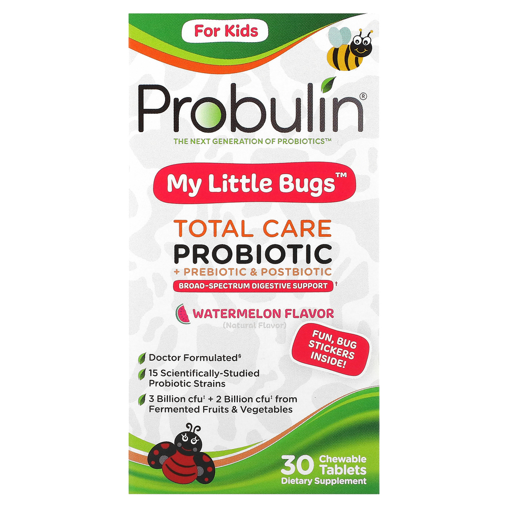 Probulin, для детей, My Little Bugs, пробиотик Total Care + пребиотик и постбиотик, арбуз, 30 жевательных таблеток