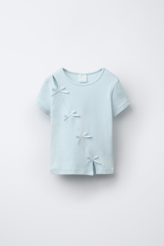 ZARA ФУТБОЛКА В РУБЧИК С БАНТАМИ, СИНИЙ