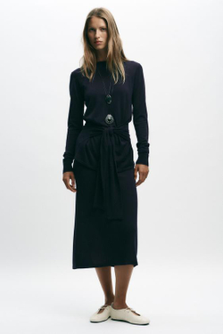 ZARA ЮБКА-МИДИ ОДНОТОННАЯ ТРИКОТАЖНАЯ, МОРСКОЙ СИНИЙ