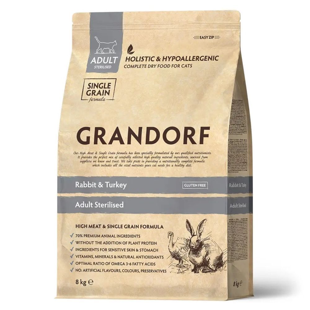 Сухой корм GRANDORF CAT Rabbit&Turkey STERILISED для кошек с кроликом и индейкой, Пакет 8 кг Сухой корм GRANDORF CAT Rabbit&Turkey STERILISED для кошек с кроликом и индейкой, Пакет 8 кг