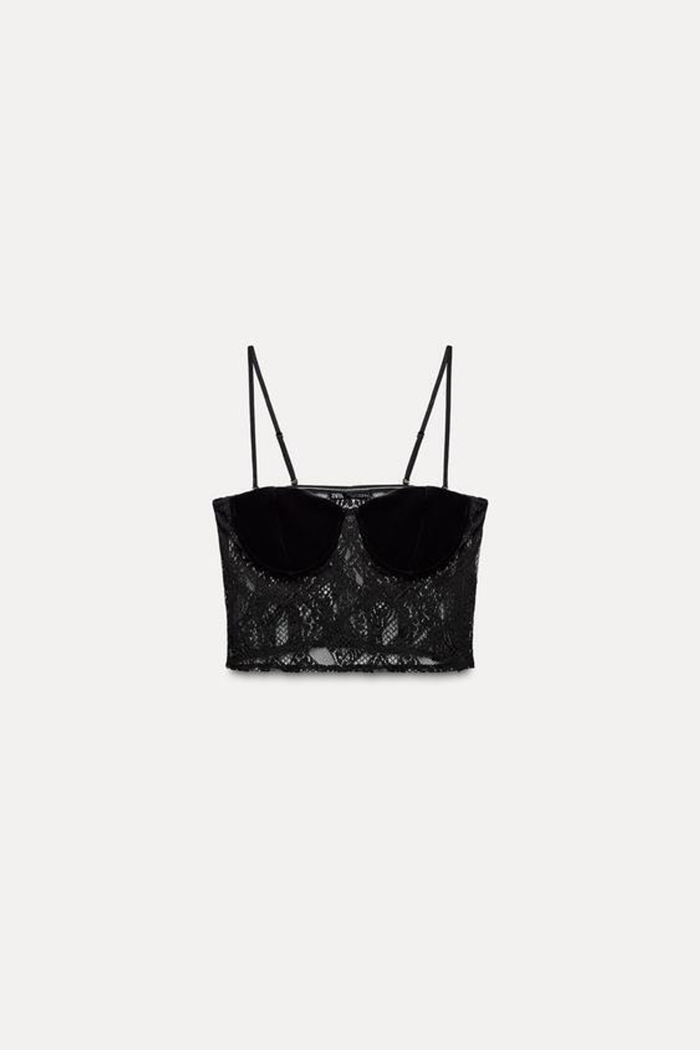 ZARA ТОП ИЗ БАРХАТА С КРУЖЕВОМ, ЧЕРНЫЙ