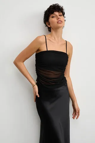 Топ из атласа с сеткой  черного цвета