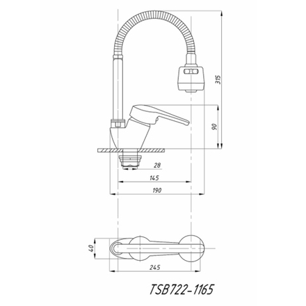 Смеситель для кухни Tsarsberg TSB-722-1165, гибкий излив, однорычажный, хром