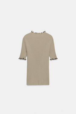 ZARA ТРИКОТАЖНЫЙ ТОП В РУБЧИК С КОНТРАСТНЫМИ КАНТАМИ, КАМЕННО-СЕРЫЙ