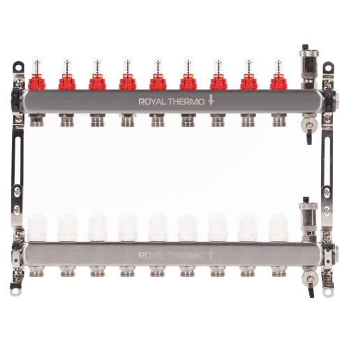 Коллектор Royal Thermo нерж. в сборе с расходомерами 1" ВР-3/4" НР с автомат. воздухоотвод-ми 9 вых.