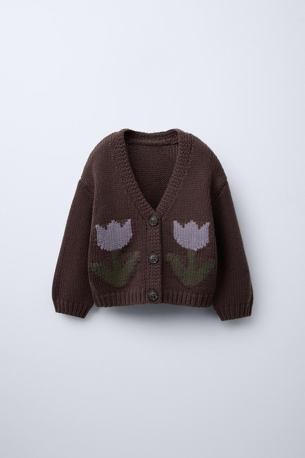 ZARA КАРДИГАН ИЗ ТРИКОТАЖА С УЗОРОМ «ТЮЛЬПАНЫ», ШОКОЛАДНЫЙ
