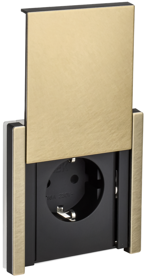 FORTE&PIANO Розетка 1-местная с заземлением с защитными шторками и крышкой винтовое крепление 16А IP44 FP621M металл шампань IEK