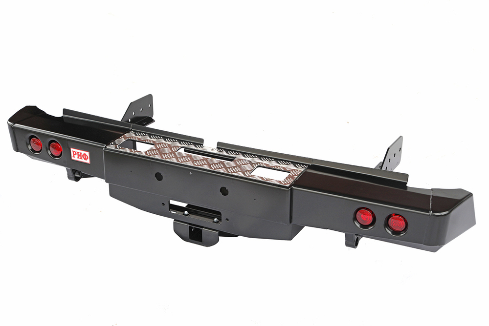 Бампер РИФ силовой задний Mitsubishi L200 2015-2019 с площадкой под лебёдку, квадратом под фаркоп и фонарями