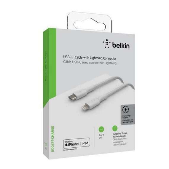 Кабель Belkin Boost Charge Braided USB-C - Lightning 2 м (CAA004bt2MWH) белый