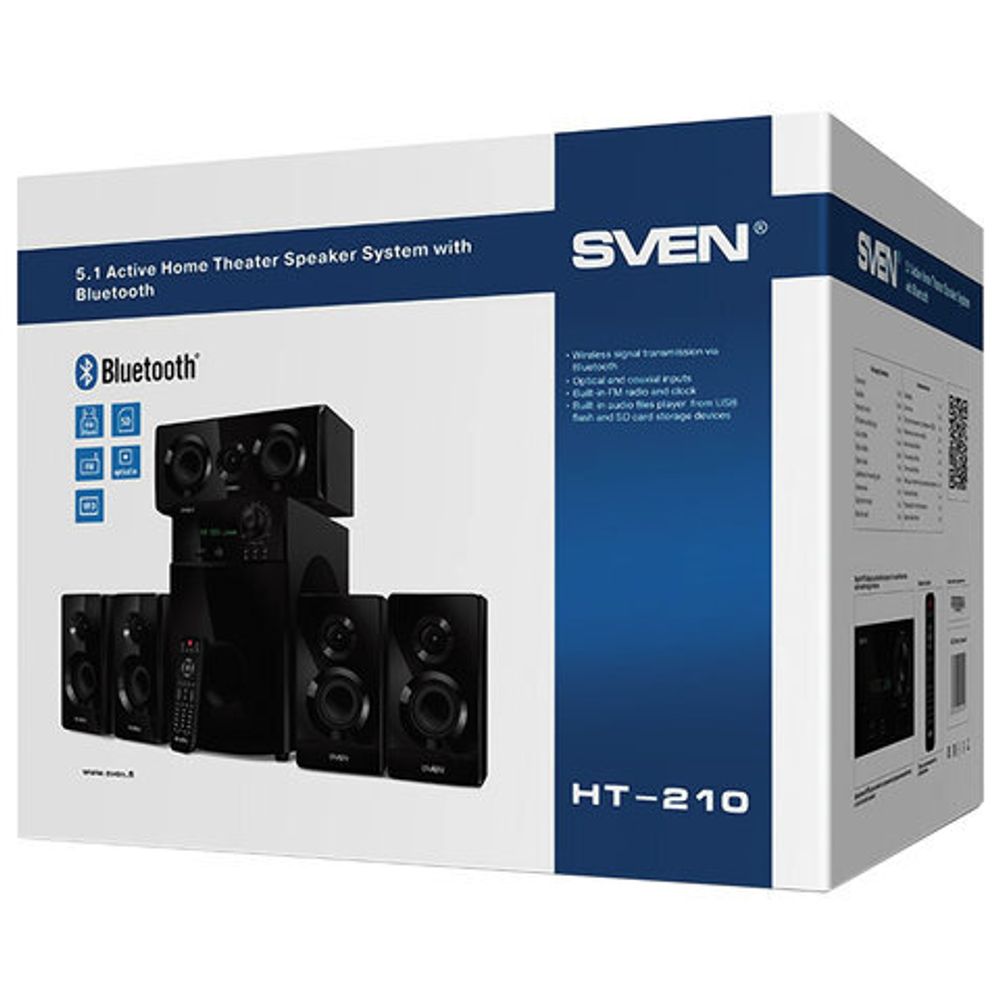 Колонки компьютерные SVEN HT-210, 5.1, 125 Вт, Bluetooth, Optical, Coaxial, FM, дерево, черные, SV-014124