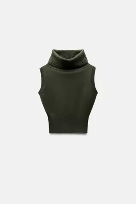 ZARA ТРИКОТАЖНЫЙ ЖИЛЕТ С ВЫСОКИМ ВОРОТНИКОМ, ХАКИ