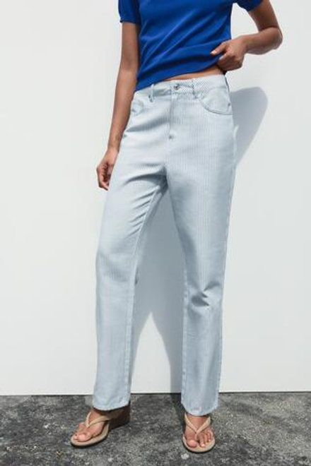 ZARA БРЮКИ ПРЯМОГО КРОЯ В ПОЛОСКУ, СИНИЙ/БЕЛЫЙ