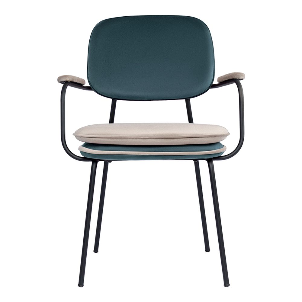 Стул с подлокотниками и контрастным кантом Pea, велюр, сине-зеленый/бежевый