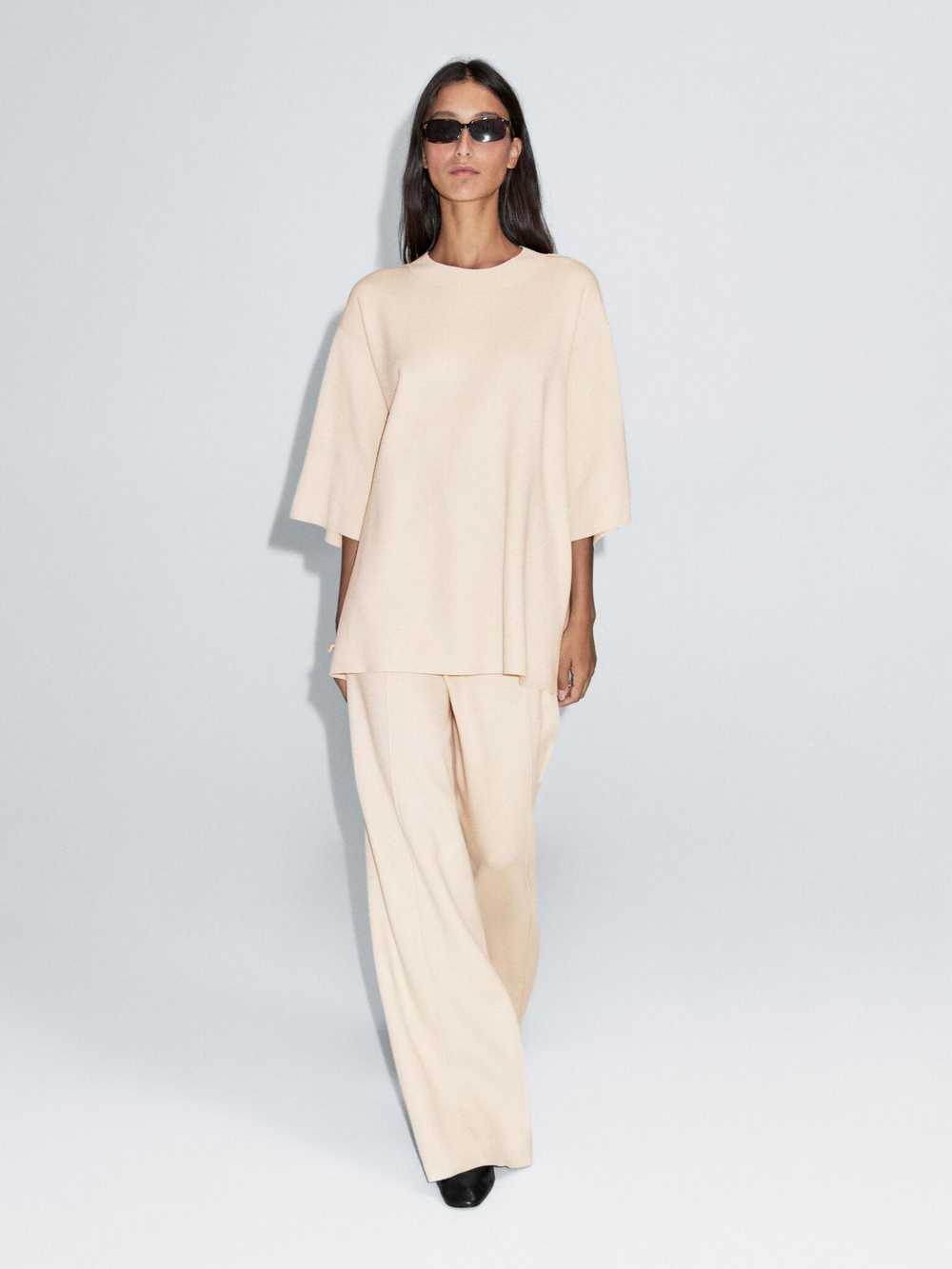 Massimo Dutti Трикотажная футболка с круглым воротником, бежевый