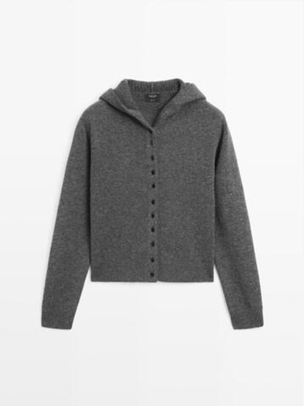 Massimo Dutti Кардиган из 100% шерсти с капюшоном, антрацитово-серый