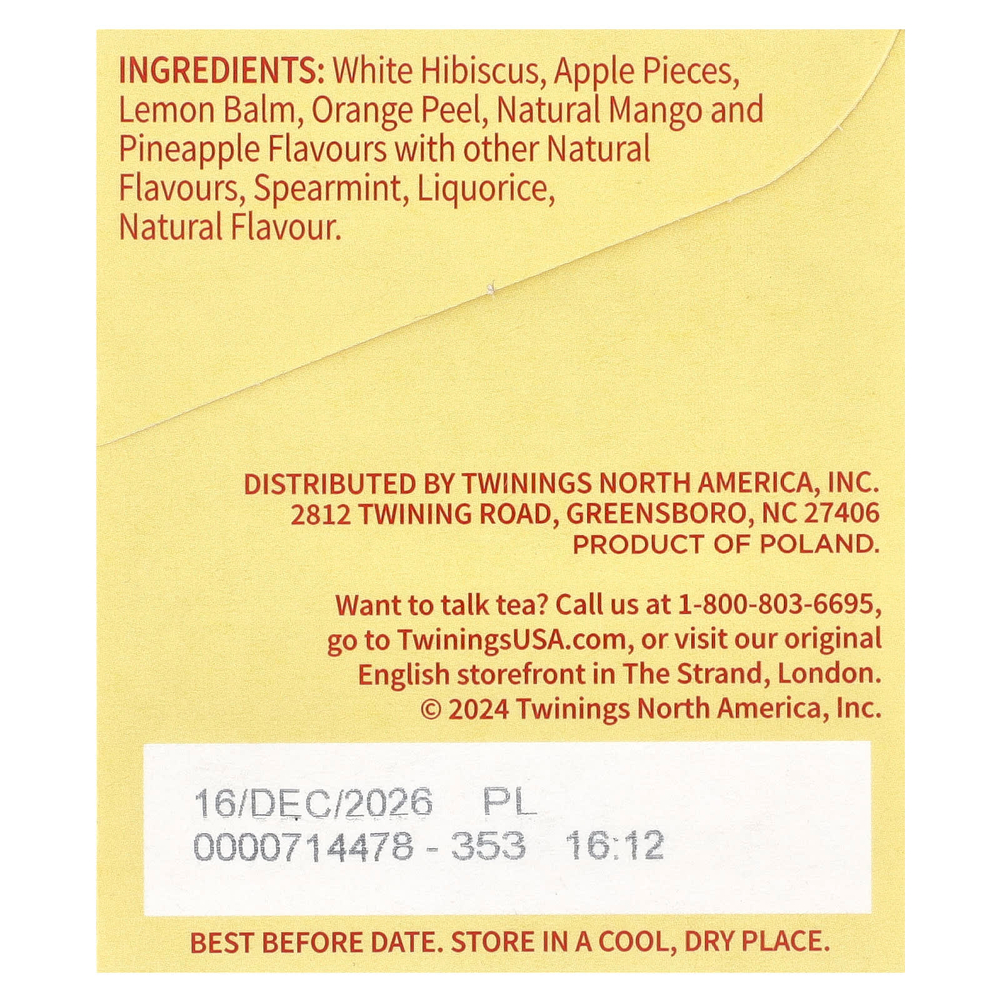 Twinings, ароматизированный травяной чай, манго и ананас, без кофеина, 20 чайных пакетиков, 48 г (1,69 унции)