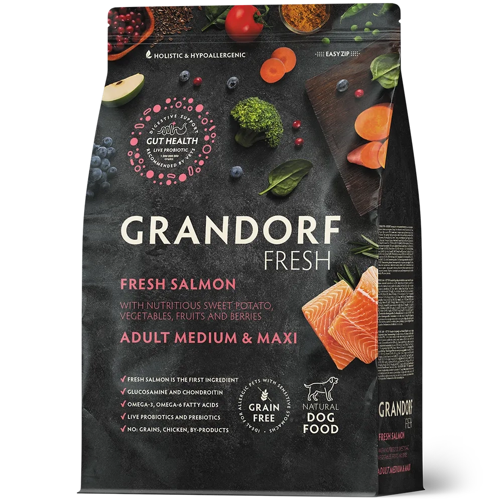 Grandorf Fresh, Fresh Salmon, Adult Medium & Maxi для собак средних и крупных пород (Свежее филе лосося с бататом)