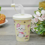 Стакан 280мл с крышкой, трубочкой и колпачком " Кошечка" (светло-бежевый)