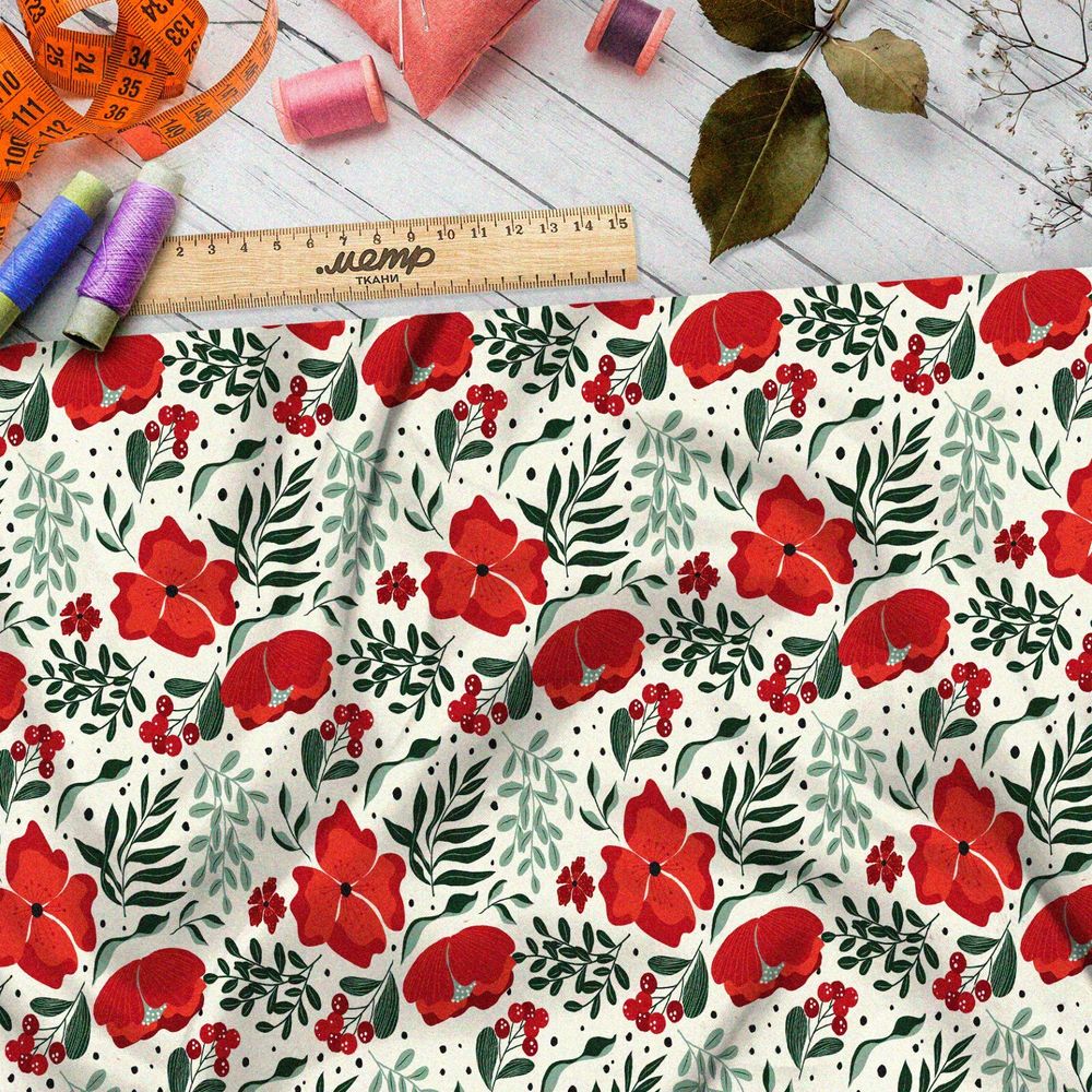 Ткань футер 2-х нитка насыщенные маки и листья на бежевом фоне
