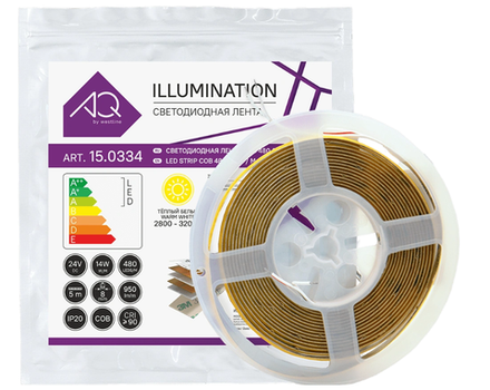 ЛЕНТА светодиодная AQ LED-LINE COB/Айкью лед-лайн КОБ 480 LED/м 24V 14W/м 8 мм IP20 тепл белый 5 м