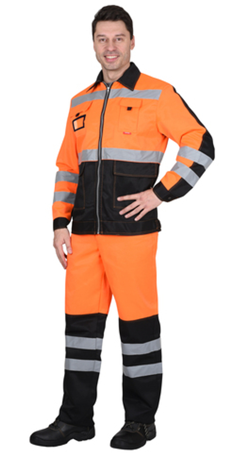 Костюм СИРИУС-МАГИСТРАЛЬ-ЛЮКС куртка кор. с бейджем, брюки, оранжевый с чёрным и СОП