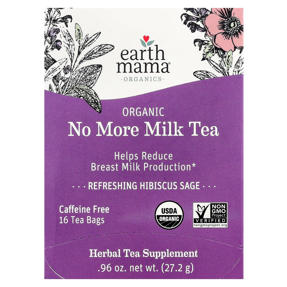 Earth Mama, Organics, органический чай No More Milk, освежающий гибискус и шалфей, без кофеина, 16 чайных пакетиков, 27,2 г (0,96 унции)