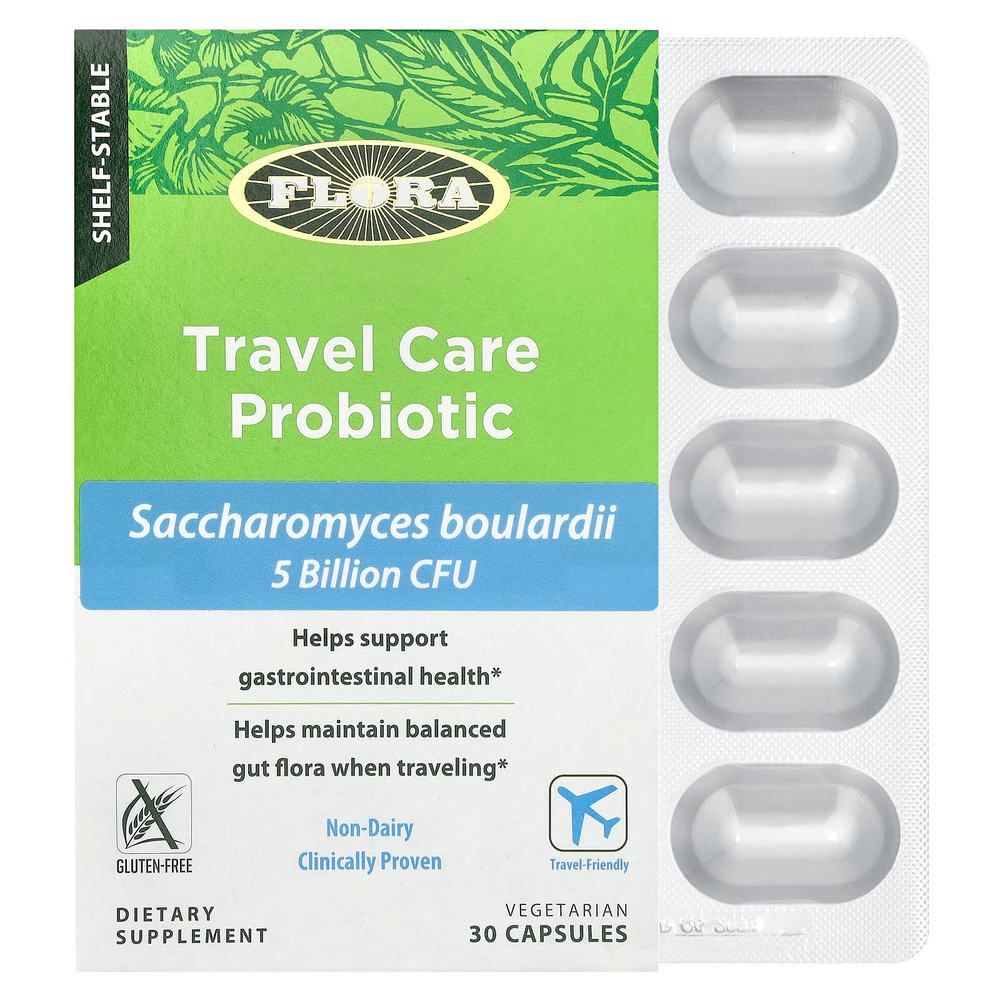 Flora, Пробиотик Travel Care, 5 миллиардов КОЕ, 30 вегетарианских капсул