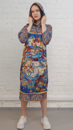 Платье с капюшоном "Яркие созвездия", по мотивам иллюстраций из Небесного атласа Андреаса Целлариуса «Гармония Макрокосмоса»