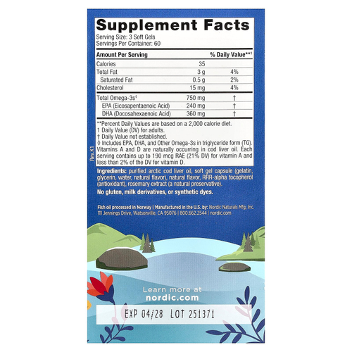 Nordic Naturals, Arctic Cod Liver Oil™, жир из печени арктической трески, лимон, 180 капсул