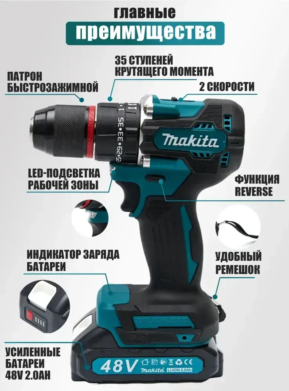 Шуруповерт аккумуляторный бесщеточный 48 Вт, дрель шуруповерт аккумуляторная 48 Вт с 2 АКБ в кейсе