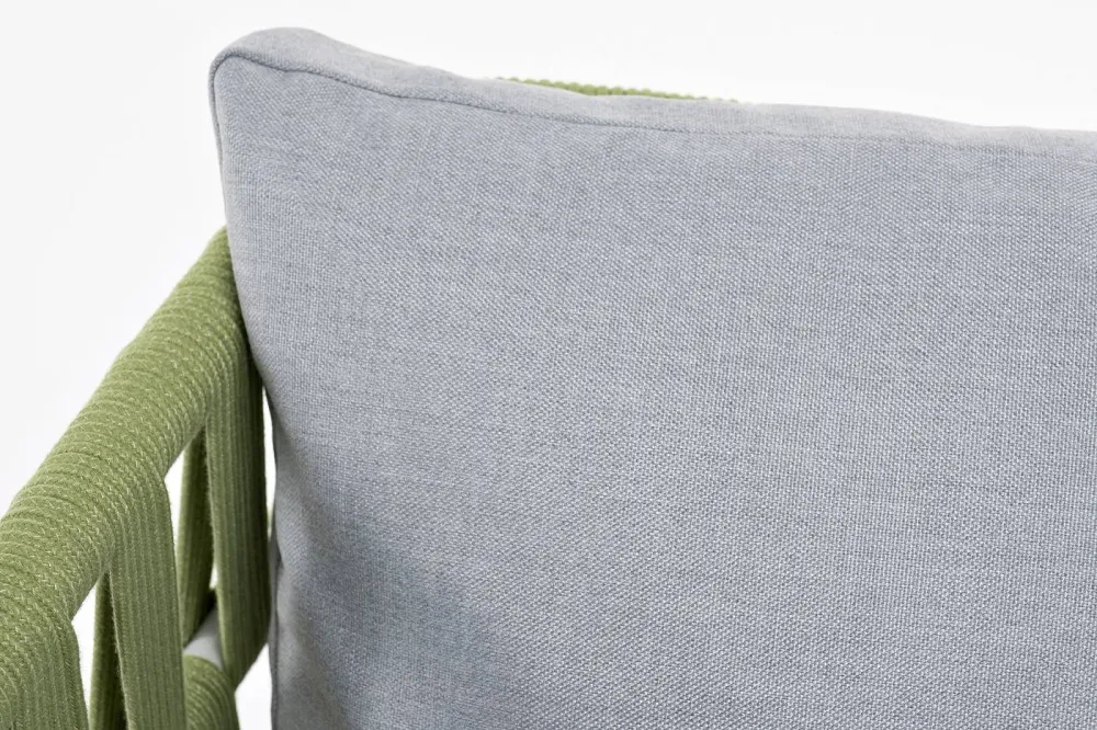 "Диего" кресло плетеное из роупа, каркас алюминий светло-серый (RAL7035) муар, роуп салатовый меланж круглый, ткань светло-серая