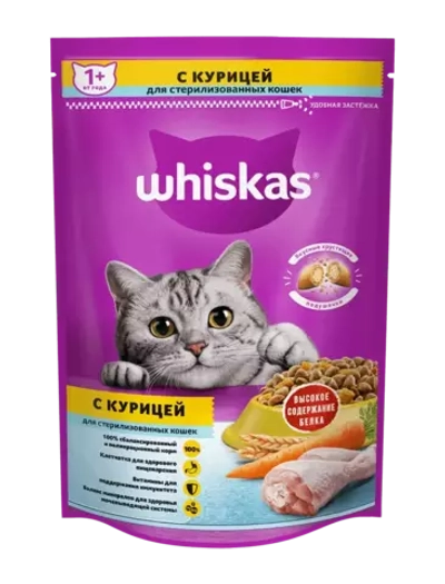 Whiskas корм для стерилизованных кошек с курицей, подушечки с паштетом