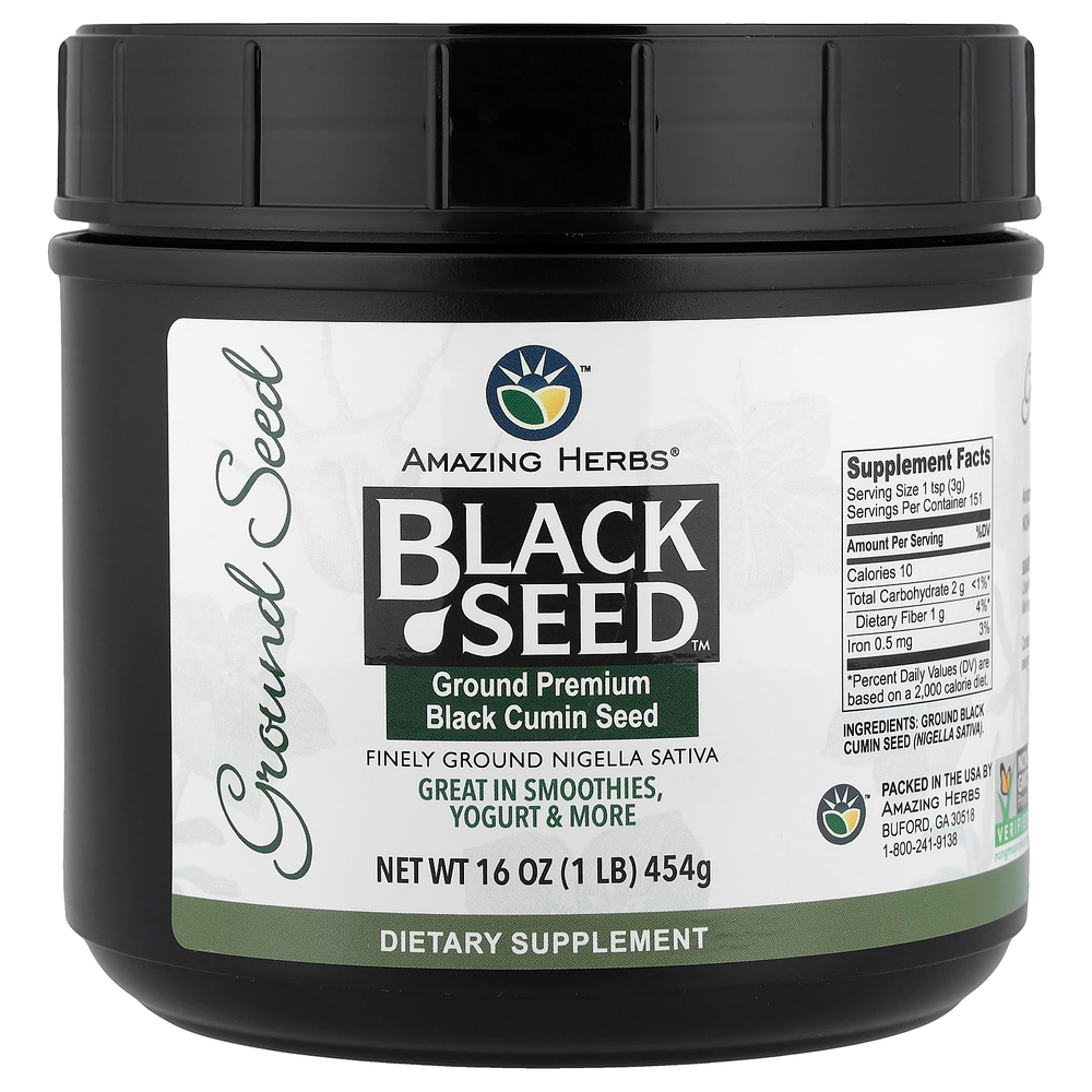 Amazing Herbs, Black Seed™, молотые семена черного тмина премиального качества, 454 г (1 фунт)