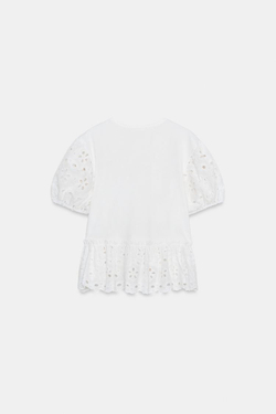 ZARA ФУТБОЛКА С КОРОТКИМИ РУКАВАМИ И ВЫШИВКОЙ, БЕЛЫЙ