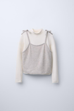 ZARA ТРИКОТАЖНЫЙ ТОП С КОНТРАСТНЫМИ РУКАВАМИ, БЕЖЕВЫЙ