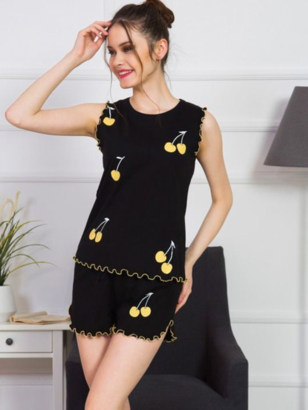 Домашний комплект с вишенками (Размер: S) (Цвет: темно-синий)