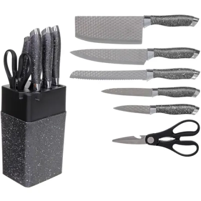 Набор ножей «SHEF» 7предметов (5ножей+ножницы+подставка с точилкой) серый