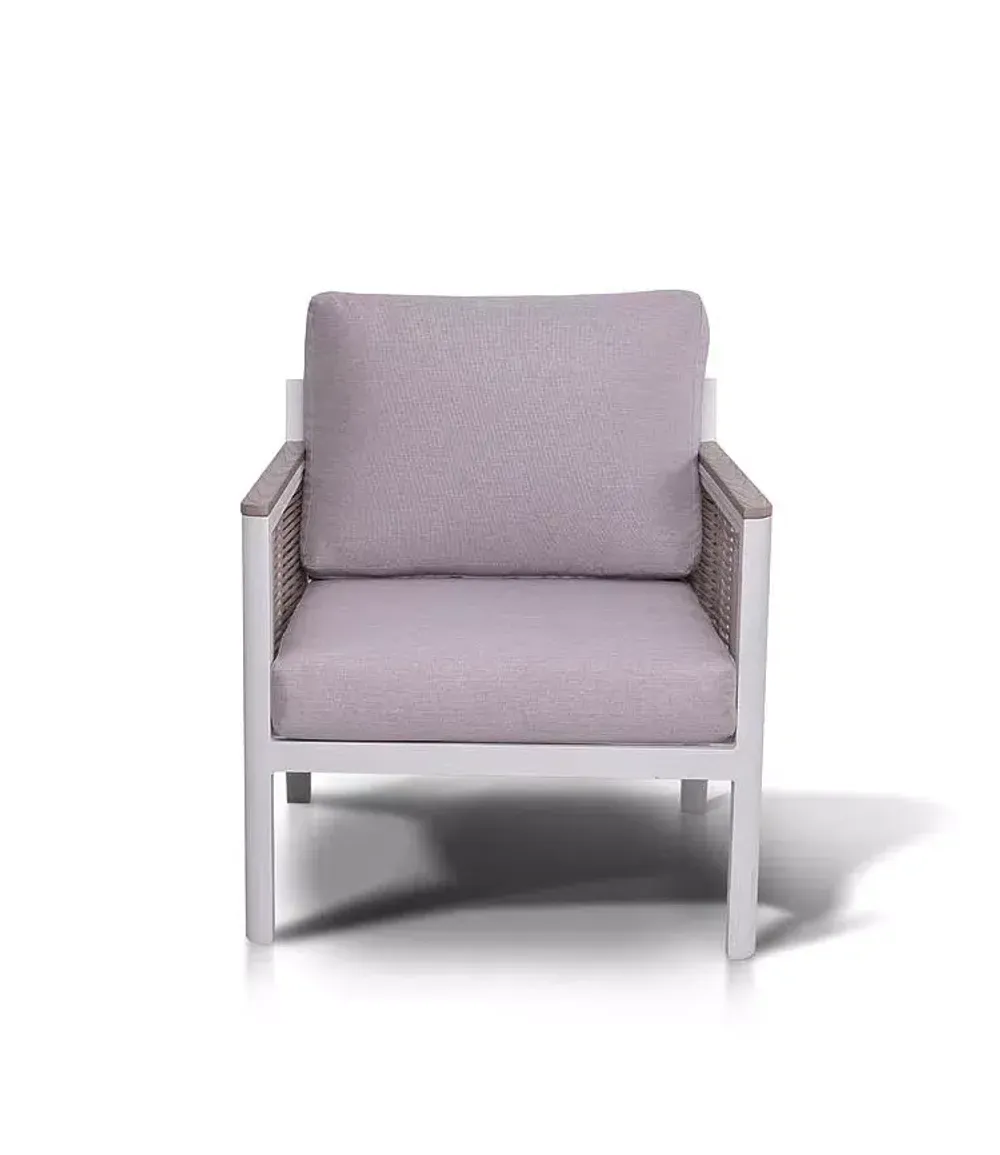 "Сан Ремо" кресло плетеное из роупа садовое, каркас алюминий белый, роуп бежевый, ткань бежевая