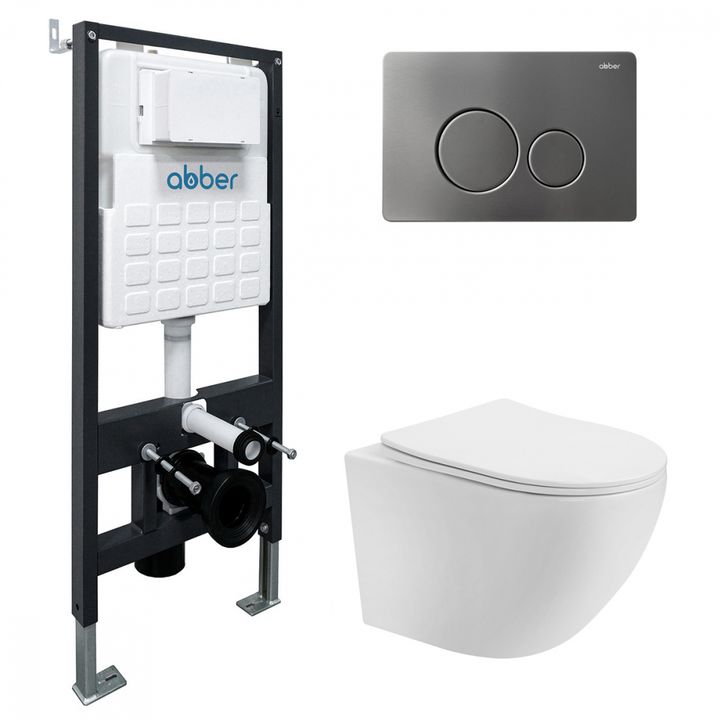 Комплект подвесной унитаз ABBER Bequem AC1100T белый с инсталляцией AC0105 и кнопкой AC0121NG никель