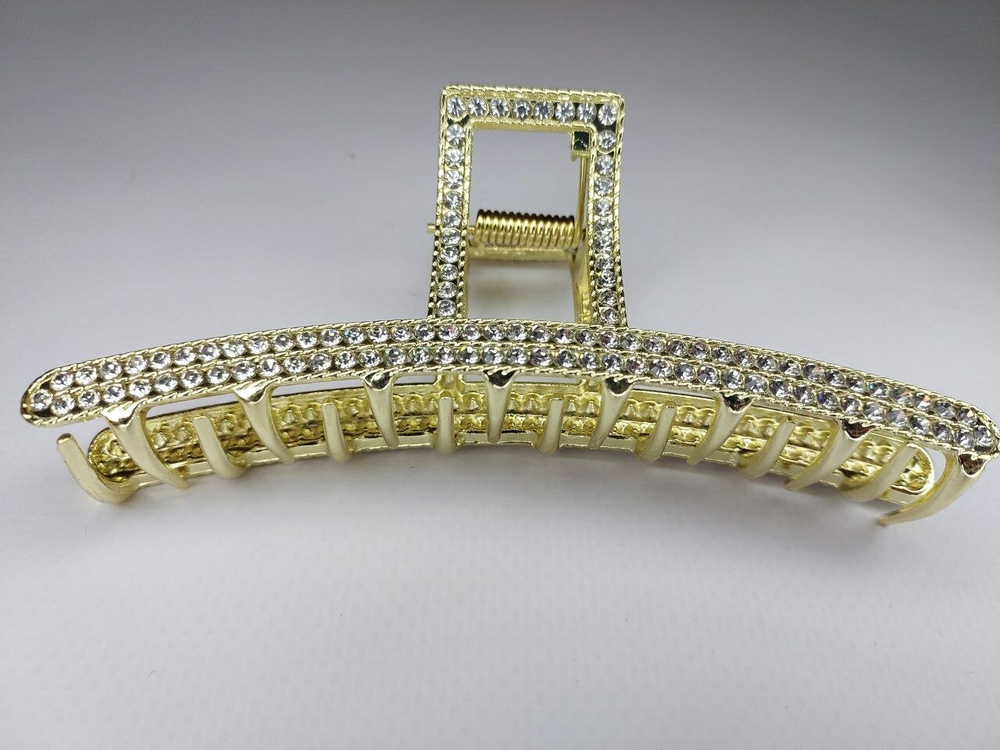 Заколка Краб Блестящий зажим для волос с квадратной дугой со стразами. Металлический. Усиленный.  Цвет золото.